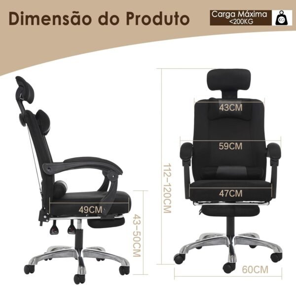Cadeira de escritório de malha com apoio para os pés, cadeira de mesa ergonômica com apoio lombar, confortável, encosto de ângulo multi-inclinado, encosto de cabeça, preta - Imagem 2