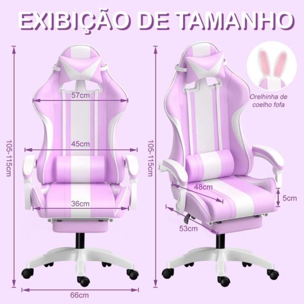 Cadeira gamer fofa com orelhas de coelho, com apoio de pés e apoio de cabeça (Roxo) - Imagem 2