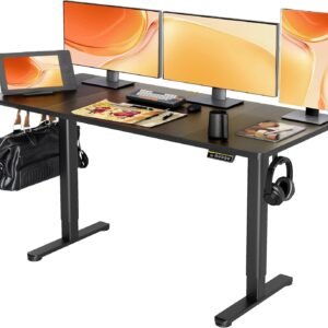 Claiks Mesa de pé elétrica, mesa de pé de altura ajustável, 150 x 60 cm, mesa de escritório em casa com placa de emenda, moldura preta/parte superior preta