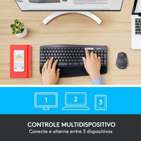 Combo Teclado e Mouse sem fio Logitech MK850 com Teclado com Apoio para as Mãos, Mouse Destro, Conexão USB Unifying ou Bluetooth com Easy-Switch para até 3 dispositivos e Pilha Inclusa - Imagem 2