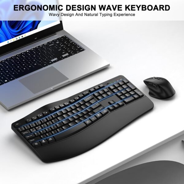 Combo de teclado e mouse sem fio, teclado ergonômico de 2,4 G, teclado ergonômico com descanso de pulso e mouse ergonômico sem fio ajustável de 3 níveis DPI para Windows, Mac OS, desktop/laptop/PC - Imagem 2