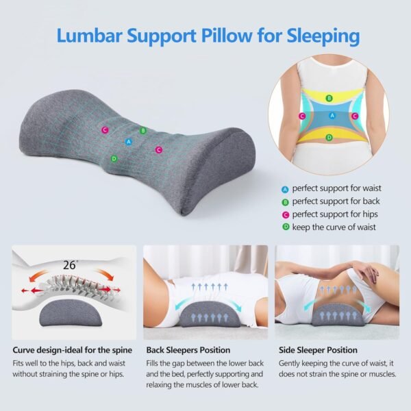 Cozyhealth Almofada de suporte lombar para dormir com espuma viscoelástica almofada de suporte lombar para alívio da dor lombar, suporte para as costas, suporte de cama, suporte de cintura (cinza - Imagem 2