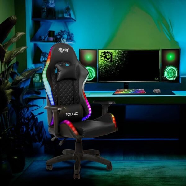ELG CH08BKRGB Cadeira Gamer Ergonômica - LED RGB, Controle Remoto, Almofadas Cervical e Lombar, Ajuste de Altura, Couro Sintético - Imagem 2
