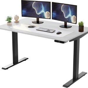 Elevação de motor duplo elétrico com altura ajustável, mesa ergonômica para sentar em casa, escritório, mesa moderna para computador (moldura preta | 66 a 131 cm de altura | mesa branca 152 x 76 cm)