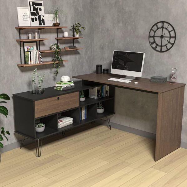 Escrivaninha em L Estilo Industrial Dubai, Pés de Metal, Preto com Ipê, Artany
