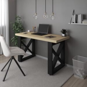 Escrivaninha para Home Office com Tampo em Tamburato Moderna com Pés em X - Tokyo Artany Carvalho/Preto