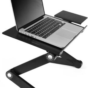 Executive Office Solutions Mesa portátil ajustável de alumínio para laptop/suporte/mesa ventilada com ventiladores de CPU Mouse Pad Montagem lateral - Notebook-MacBook-Leve Ergonômico TV Cama Bandeja de colo Stand Up/Sentado - Preto