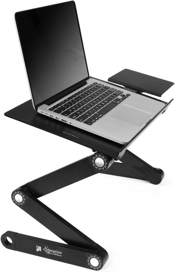 Executive Office Solutions Mesa portátil ajustável de alumínio para laptop/suporte/mesa ventilada com ventiladores de CPU Mouse Pad Montagem lateral - Notebook-MacBook-Leve Ergonômico TV Cama Bandeja de colo Stand Up/Sentado - Preto