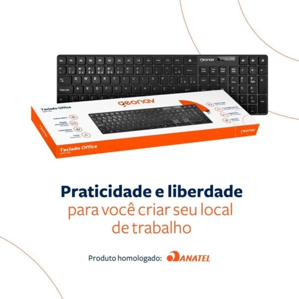 Geonav Teclado sem fio, 108 teclas, Alfanúmerico, Padrão ABNT2, Teclas baixas e macias, Ergonômico com inclinação, Indicador de bateria, OFTCW01, Preto - Imagem 2