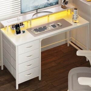 Huuger Mesa de computador de 118 cm com tomadas elétricas e luzes LED, mesa de jogos com 4 gavetas, mesa de escritório com suporte para monitor, mesa de estudo, para escritório em casa, espaços
