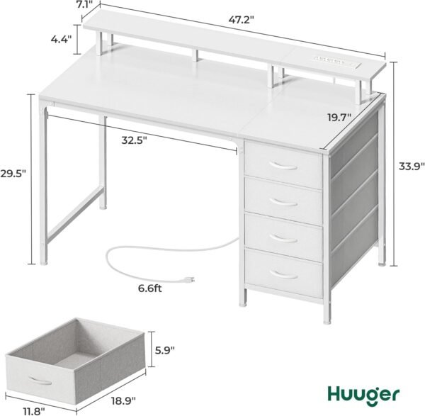 Huuger Mesa de computador de 118 cm com tomadas elétricas e luzes LED, mesa de jogos com 4 gavetas, mesa de escritório com suporte para monitor, mesa de estudo, para escritório em casa, espaços - Imagem 2