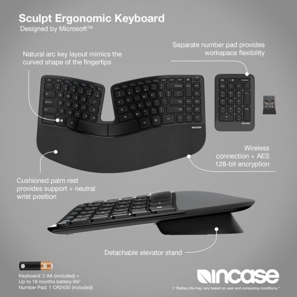 Incase Teclado ergonômico Sculpt – Projetado pela Microsoft – Design de teclado dividido, apoio para as mãos, layout contornado, botão Windows com um toque, criptografia AES de 128 bits, inclui - Imagem 2