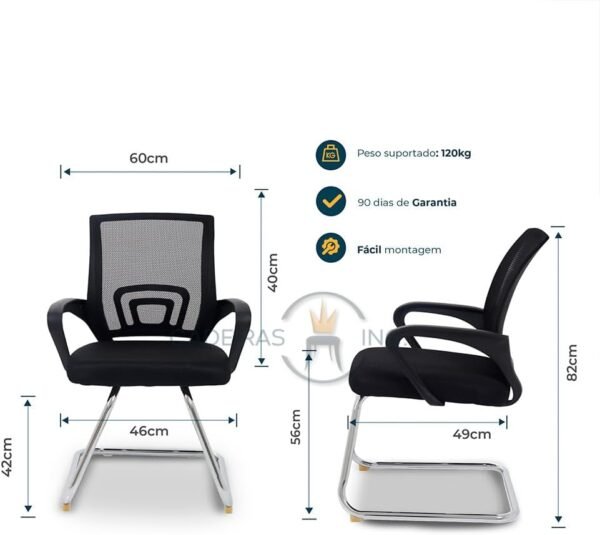 Kit 02 Cadeiras De Escritório Com Base Fixa Cadeiras Inc, Tela Mesh Respirável, Suporta até 120kgs, Base Cromada Anti-Risco, Ergonômica Preta - Imagem 2
