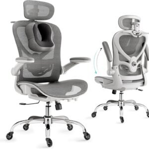 LarkLeaves Cadeira Escritorio com Travesseiro para Pescoço e Encosto de Cabeça 3D, Cadeira Ergonomica com Cabide e Rodas de Borracha, Cadeira Presidente com Suporte Lombar 2D e Braços Rebatíveis,Cinza