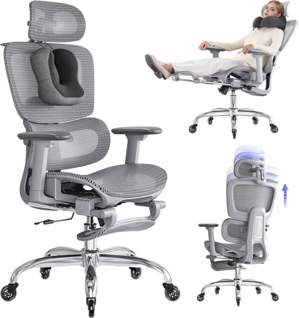 LarkLeaves Cadeira de Escritório com Descanso para os Pés, Cadeira Ergonômica com Travesseiro para Pescoço e Rodas de Borracha, Cadeira Gamer com Encosto Ajustável e Apoios de Braço 3D, Cinza