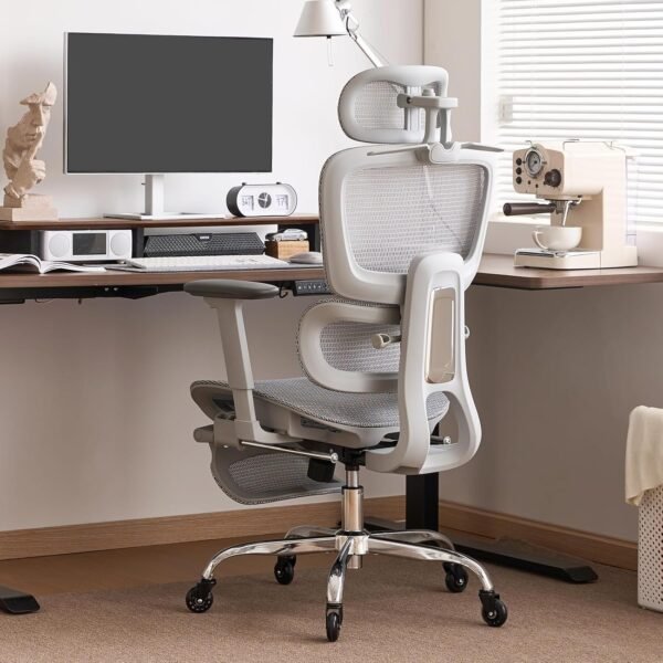 LarkLeaves Cadeira de Escritório com Descanso para os Pés, Cadeira Ergonômica com Travesseiro para Pescoço e Rodas de Borracha, Cadeira Gamer com Encosto Ajustável e Apoios de Braço 3D, Cinza - Imagem 2