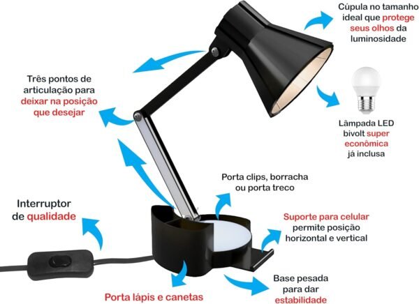 Luminária Articulada de mesa estudo: Modelo Porta Lápis, Caneta E Suporte Celular - Imagem 2