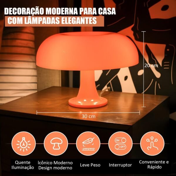 Luminaria Cogumelo, Luz de Mesa com 3 Modos de Iluminação, Luz para Monitor, Luminária de Mesa Cogumelo, Abajur de LED, Luminária Decorativa, Luminária de Quarto, Laranja - Imagem 2