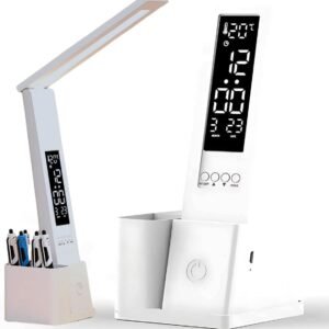 Luminária LED de Mesa para Leitura com Relógio Digital e Porta Canetas, Luminária Multifuncional com Ângulo Ajustável e Controle de Luz, Estudo, Dormitório, Escritório, Quarto, Decoração