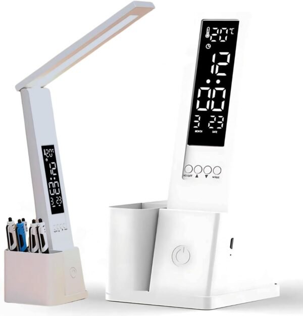 Luminária LED de Mesa para Leitura com Relógio Digital e Porta Canetas, Luminária Multifuncional com Ângulo Ajustável e Controle de Luz, Estudo, Dormitório, Escritório, Quarto, Decoração