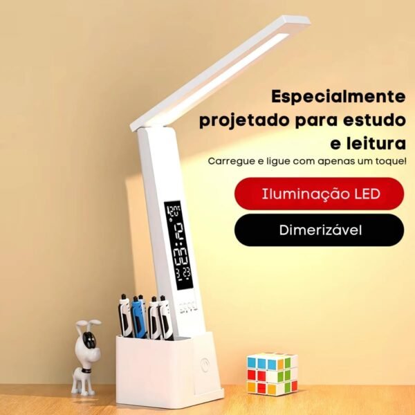 Luminária LED de Mesa para Leitura com Relógio Digital e Porta Canetas, Luminária Multifuncional com Ângulo Ajustável e Controle de Luz, Estudo, Dormitório, Escritório, Quarto, Decoração - Imagem 2