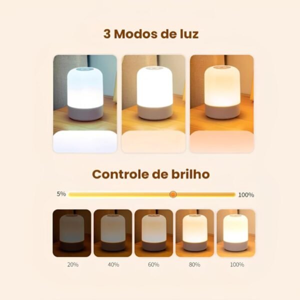 Luminária de Mesa Abajur de Cabeçeira com 3 Modos de Iluminação 360° LED Botão Touch Sem Fio Recarregável Para Criado Mudo, Estudos, Trabalho, Quarto, Escritório, Sala, Decoração e Leitura - Imagem 2