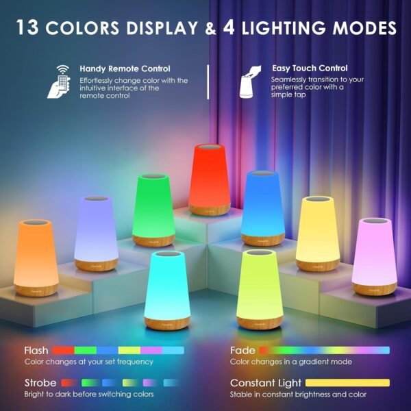 Luminária de Mesa LED Toque & Controle Remoto - Regulável, RGB 13 Cores, 5 Níveis de Brilho, Recarregável, Portátil - Lâmpada de Cabeceira USB, Abajur Infantil e para Quarto - Imagem 2