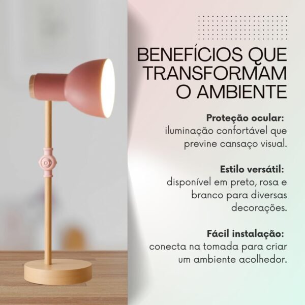 Luminária de Mesa Retrátil com Base de Madeira | Design Moderno, Ajustável e Compacto – Ideal para Escritório e Estudo (Preto) - Imagem 2