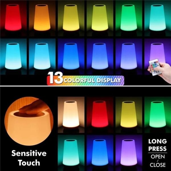 Luminária de Mesa e Cabeceira RGB, 13 Cores, Controle Remoto, Portátil, Touch, USB, Recarregável - Imagem 2
