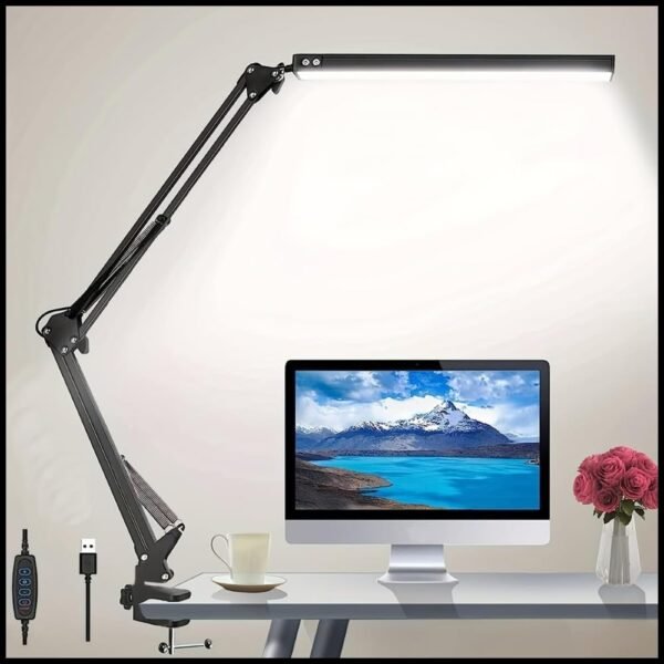 Luminária de mesa LED com braço articulado(articulável) e braçadeira, 3 modos de brilho de iluminação, Lâmpadas de mesa de leitura para escritório, rotação de 360°, Estudos com clip Premium (Preto)