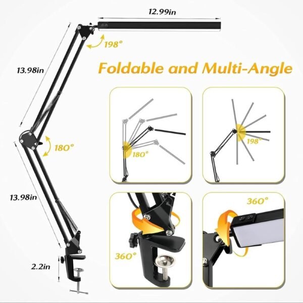 Luminária de mesa LED com braço articulado(articulável) e braçadeira, 3 modos de brilho de iluminação, Lâmpadas de mesa de leitura para escritório, rotação de 360°, Estudos com clip Premium (Preto) - Imagem 2