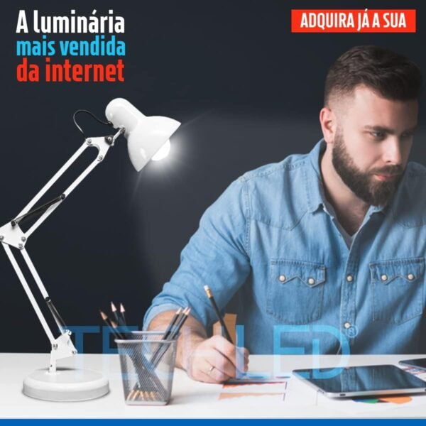 Luminaria pixar Mesa Articulada Escritorio regulavel Leitura Base metal Articulavel Branca - Imagem 2