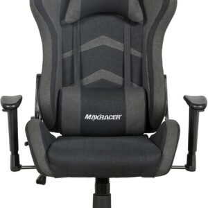 MAX RACER - Cadeira Gamer Aggressive - Cadeira Ergonômica para Jogos - Até 150kg, Braços com Regulagem de Altura, Tecido Poliéster Frio, Inclinação 180°, Almofada Cervical e Lombar - Preto e Cinza