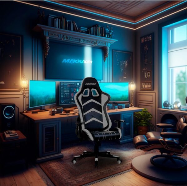 MAX RACER - Cadeira Gamer Aggressive - Cadeira Ergonômica para Jogos - Até 150kg, Braços com Regulagem de Altura, Tecido Poliéster Frio, Inclinação 180°, Almofada Cervical e Lombar - Preto e Cinza - Imagem 2