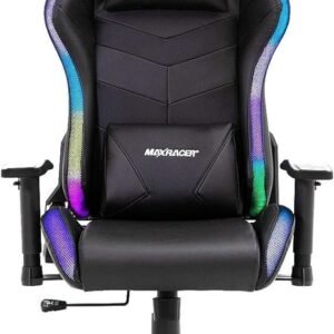 MAX RACER Cadeira Gamer Khroma - Poltronas Gamer de Aço, Cadeira Ergonômica - Assento Luz LED, Braço 2D, Inclinação 135°, Suporta 150kg, Tecido Sintético PVC, Almofada Cervical e Lombar - RGB - Preta