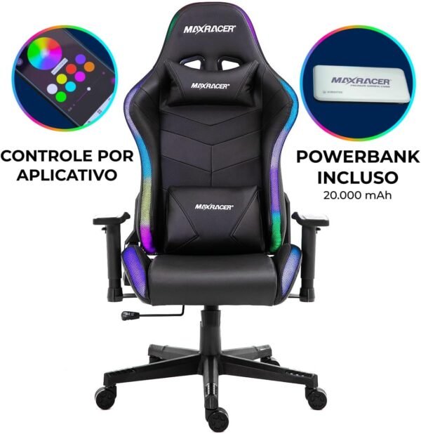 MAX RACER Cadeira Gamer Khroma - Poltronas Gamer de Aço, Cadeira Ergonômica - Assento Luz LED, Braço 2D, Inclinação 135°, Suporta 150kg, Tecido Sintético PVC, Almofada Cervical e Lombar - RGB - Preta - Imagem 2