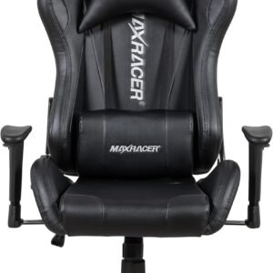 MAX RACER - Cadeira Gamer Skilled - Poltronas Gamer de Aço, Cadeira Ergonômica para Jogos - Até 150kg, Giratória, Braços 1D, Tecido Sintético PVC, Inclinação 180°, Almofada Cervical e Lombar - Preta
