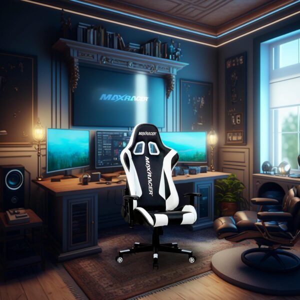 MAX RACER - Cadeira Gamer Skilled - Poltronas Gamer de Aço, Cadeira Ergonômica para Jogos - Até 150kg, Braços 1D, Tecido Sintético PVC, Inclinação 180°, Almofada Cervical e Lombar - Branca/Preta - Imagem 2