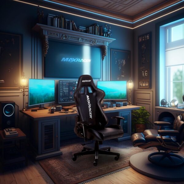 MAX RACER - Cadeira Gamer Skilled - Poltronas Gamer de Aço, Cadeira Ergonômica para Jogos - Até 150kg, Giratória, Braços 1D, Tecido Sintético PVC, Inclinação 180°, Almofada Cervical e Lombar - Preta - Imagem 2