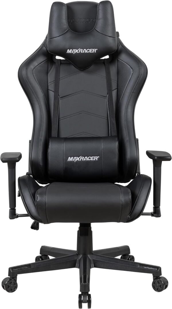 MAX RACER - Cadeira Gamer Tactical - Poltronas Gamer, Cadeira Ergonômica para Jogos - Até150kg, Braços 3D, Giratória, Tecido Sintético P.U, Inclinação 180°, Almofada Cervical e Lombar - Preta