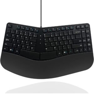 MCSaite Teclado ergonômico compacto USB com fio - Teclado dividido com suporte acolchoado para pulso e palma - 40 x 22 x 3 cm - Preto - Inglês dos EUA