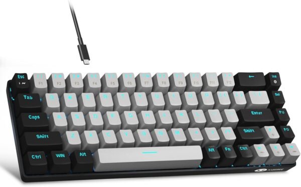MageGee Teclado portátil 60% mecânico para jogos, MK-Box LED retroiluminado compacto de 68 teclas, mini teclado de escritório com fio com interruptor azul para Windows, laptop, PC, Mac - cinza/preto