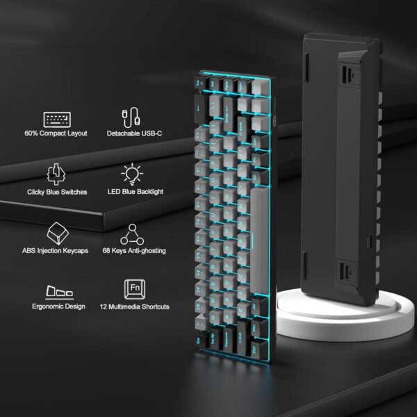 MageGee Teclado portátil 60% mecânico para jogos, MK-Box LED retroiluminado compacto de 68 teclas, mini teclado de escritório com fio com interruptor azul para Windows, laptop, PC, Mac - cinza/preto - Imagem 2