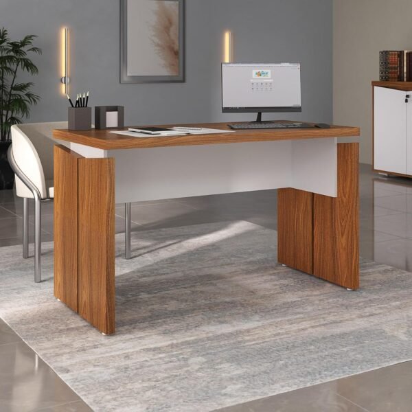 Mesa Funcional e Moderna para Escritório em Tamburato 37mm - Freijó com Branco
