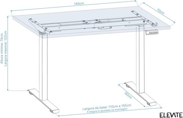Mesa Preta Elevate 320 Elétrica com Altura Ajustável, 74-122cm, Tampo MDF, 2 Motores, Visor Digital, 3 Memórias, Bivolt (Branco, 140x70cm) - Imagem 2