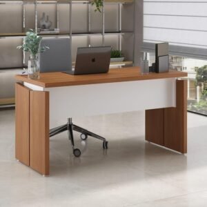 Mesa Retangular para Escritório Elegante e Moderna - Funcional e Ergonômica - Freijó com Branco Artany