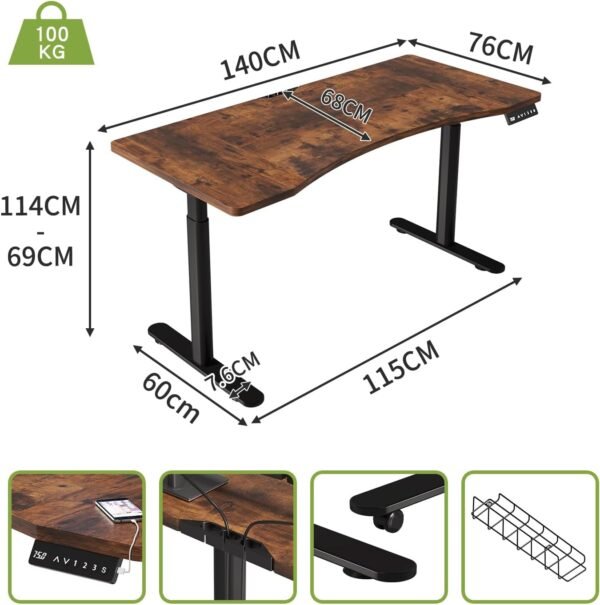 Mesa com regulagem de altura com motor duplo mesa escritorio e 3 botões de memória Mesa Escrivaninha computador com carregamento rápido type-c mesa gamer (Marrom, 140x76 CM) - Imagem 2