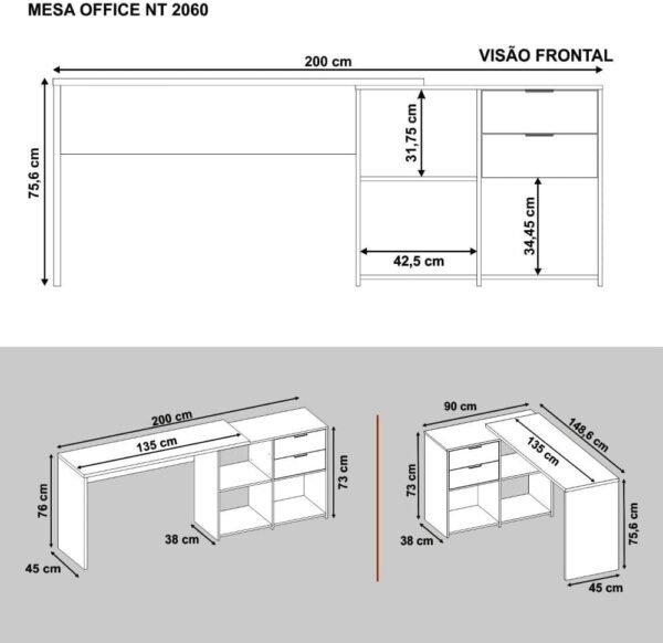 Mesa de Escritório 2 Gavetas 3 Nichos Office NT 2060 Notável Móveis Branco New - Imagem 2