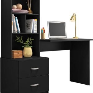 Mesa de Escritório Cristal com Estante e Gaveteiro, Estilo Moderno, para Home Office, Preto