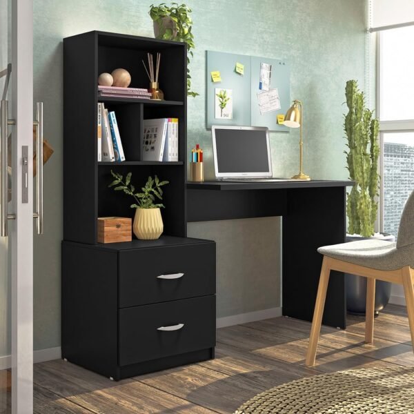 Mesa de Escritório Cristal com Estante e Gaveteiro, Estilo Moderno, para Home Office, Preto - Imagem 2